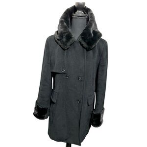 Calvin Klein Angora & Wool Black Peacoat with Faux Fur Cuff & Hood